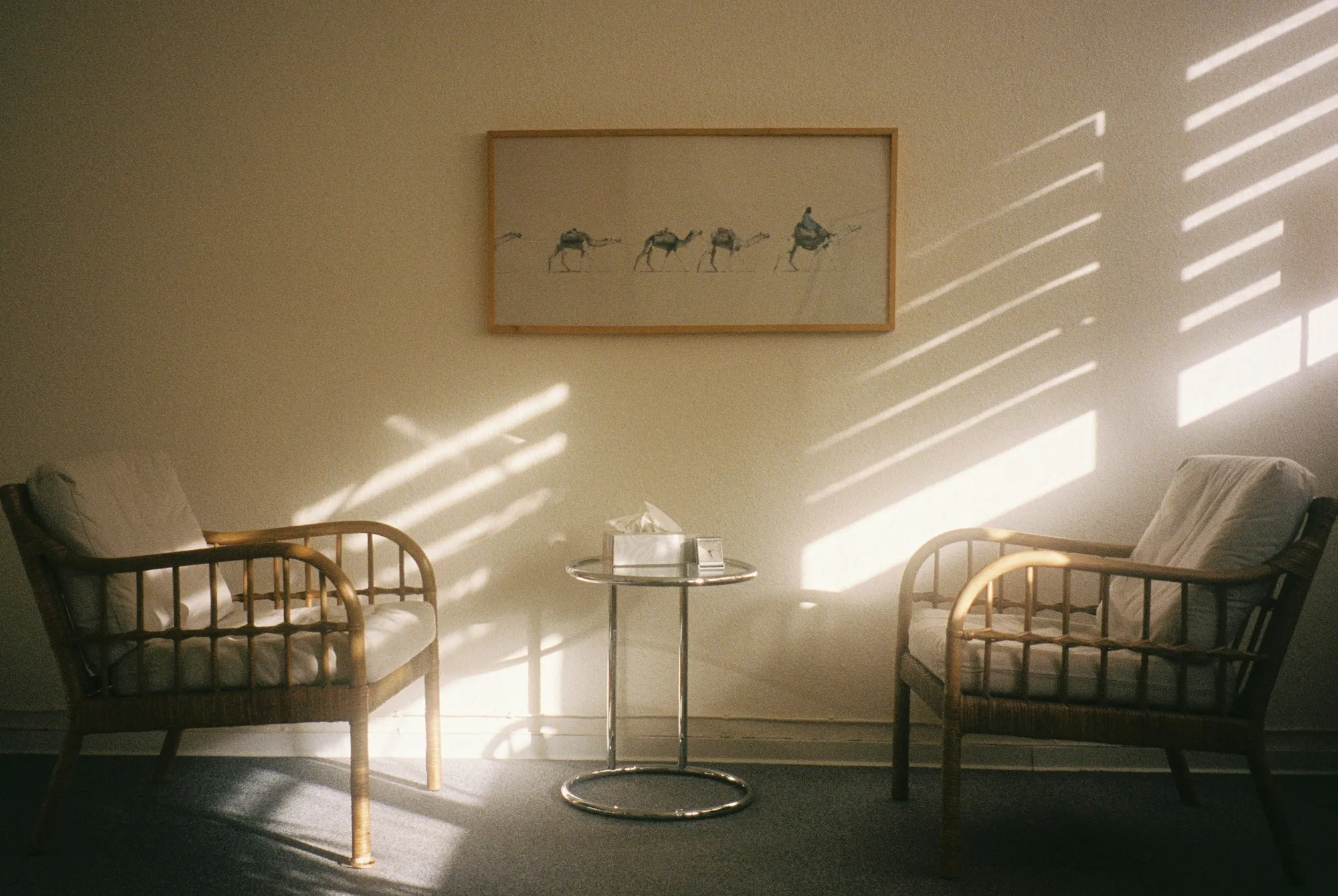 Twee fauteuils tegenover elkaar in een praktijkruimte, in warm licht van het raam